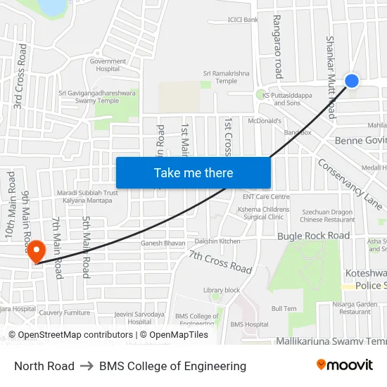 North Road to BMS College of Engineering map