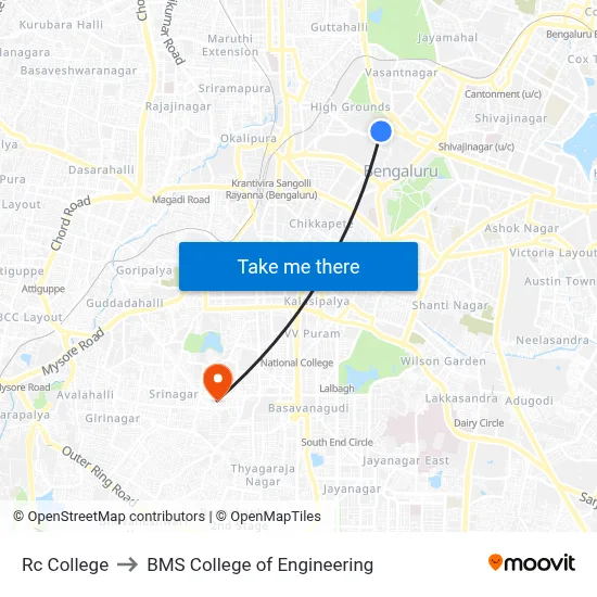 Rc College to BMS College of Engineering map