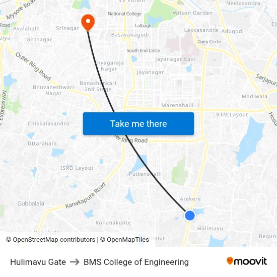 Hulimavu Gate to BMS College of Engineering map