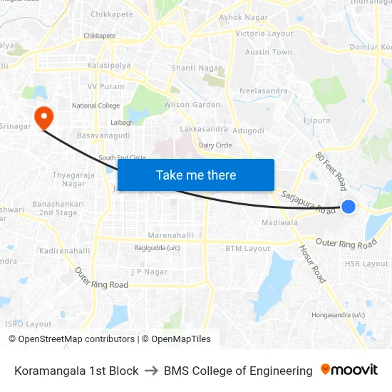 Koramangala 1st Block to BMS College of Engineering map