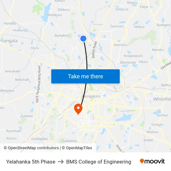 Yelahanka 5th Phase to BMS College of Engineering map