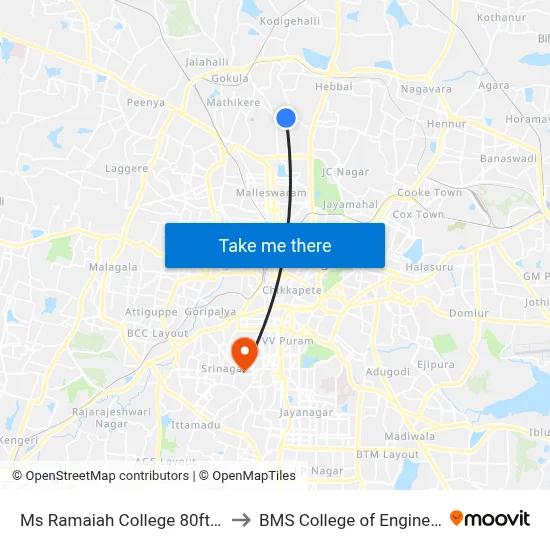 Ms Ramaiah College 80ft Road to BMS College of Engineering map