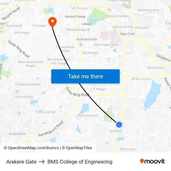 Arakere Gate to BMS College of Engineering map