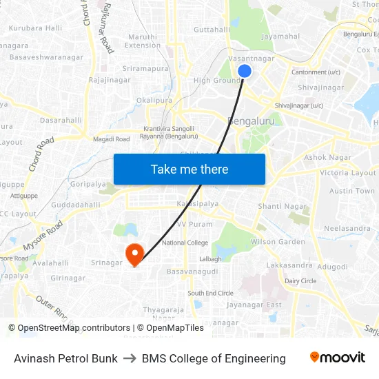 Avinash Petrol Bunk to BMS College of Engineering map