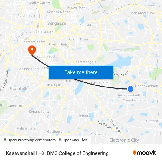 Kasavanahalli to BMS College of Engineering map