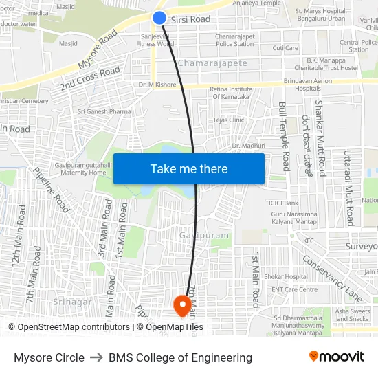 Mysore Circle to BMS College of Engineering map