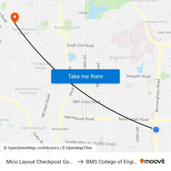 Mico Layout Checkpost Gopalan Mall to BMS College of Engineering map
