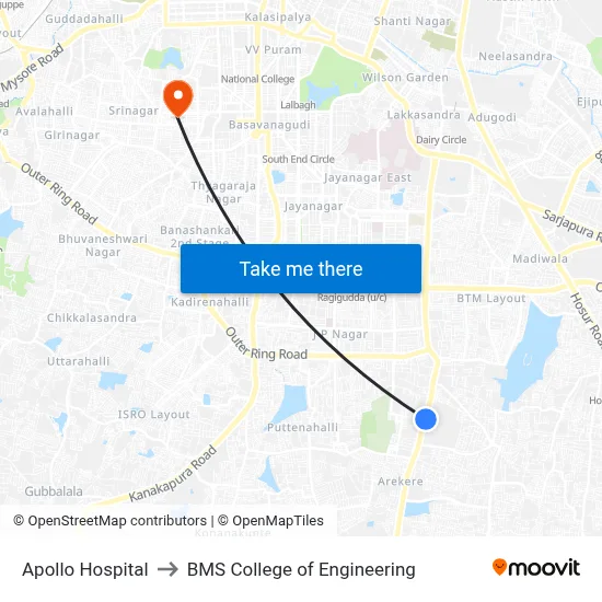 Apollo Hospital to BMS College of Engineering map
