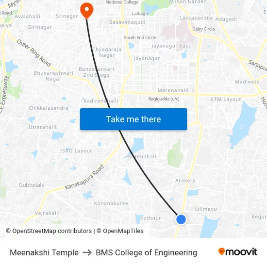 Meenakshi Temple to BMS College of Engineering map