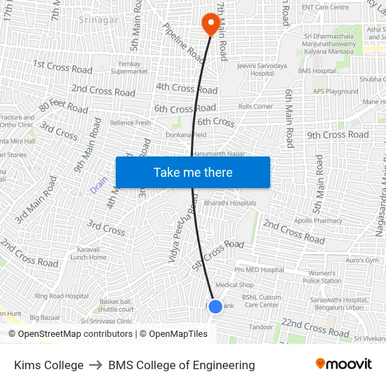 Kims College to BMS College of Engineering map