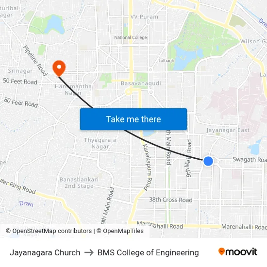 Jayanagara Church to BMS College of Engineering map