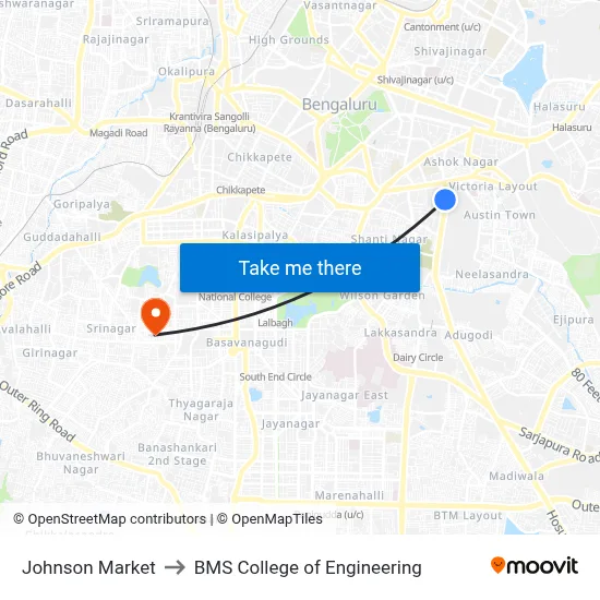 Johnson Market to BMS College of Engineering map