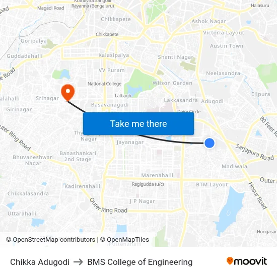 Chikka Adugodi to BMS College of Engineering map