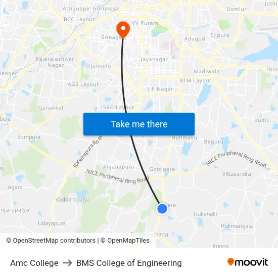 Amc College to BMS College of Engineering map
