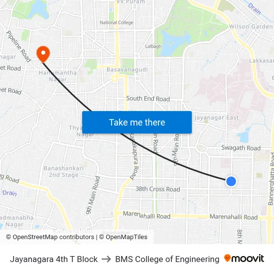 Jayanagara 4th T Block to BMS College of Engineering map