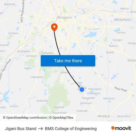 Jigani Bus Stand to BMS College of Engineering map