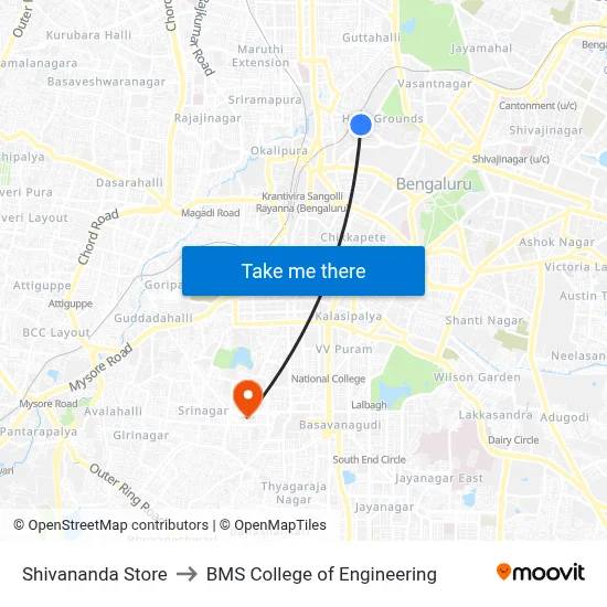 Shivananda Store to BMS College of Engineering map