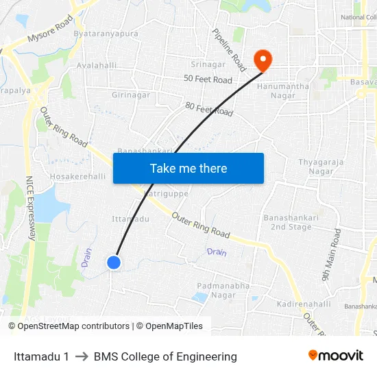 Ittamadu 1 to BMS College of Engineering map