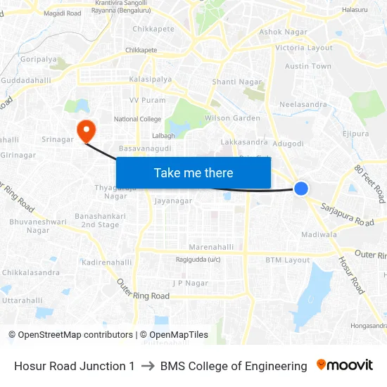 Hosur Road Junction 1 to BMS College of Engineering map