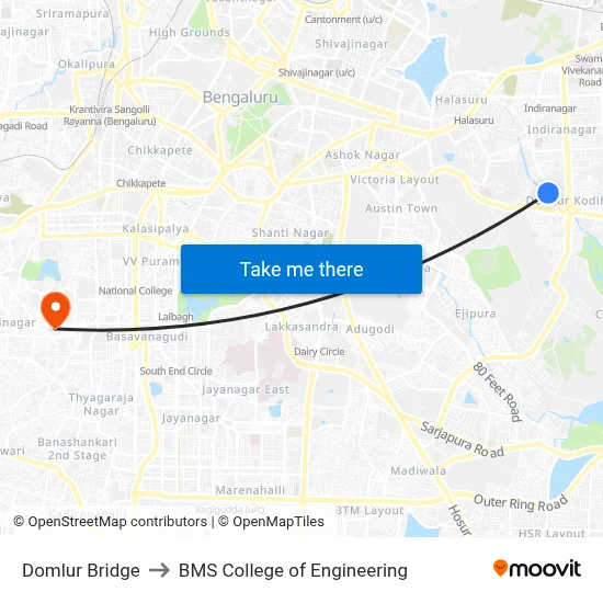 Domlur Bridge to BMS College of Engineering map