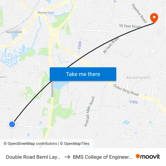 Double Road Beml Layout to BMS College of Engineering map