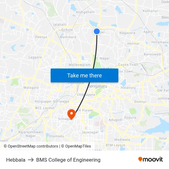 Hebbala to BMS College of Engineering map