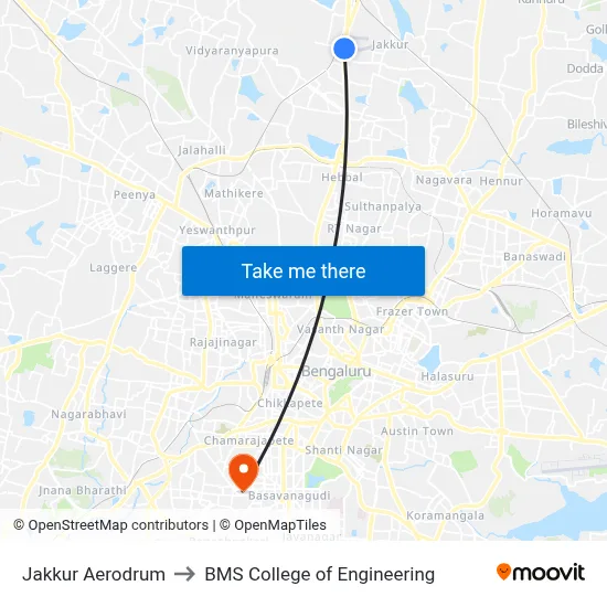 Jakkur Aerodrum to BMS College of Engineering map