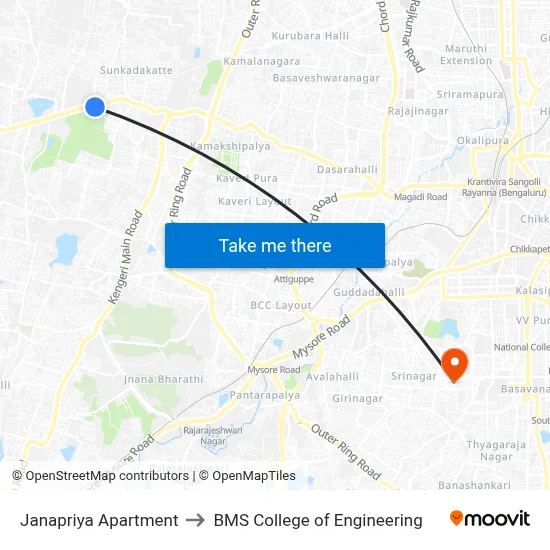 Janapriya Apartment to BMS College of Engineering map