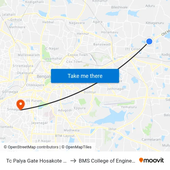 Tc Palya  Gate Hosakote Road to BMS College of Engineering map
