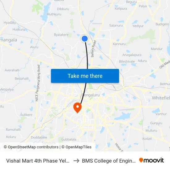 Vishal Mart 4th Phase Yelahanka to BMS College of Engineering map