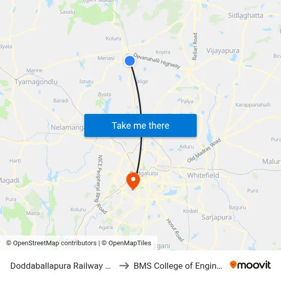 Doddaballapura Railway Station to BMS College of Engineering map