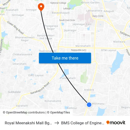 Royal Meenakshi Mall Bg Road to BMS College of Engineering map