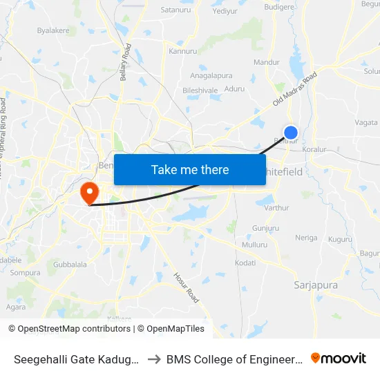 Seegehalli Gate Kadugodi to BMS College of Engineering map