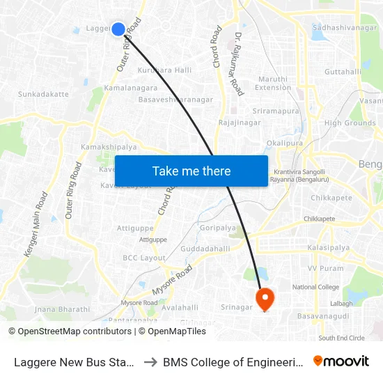 Laggere New Bus Stand to BMS College of Engineering map