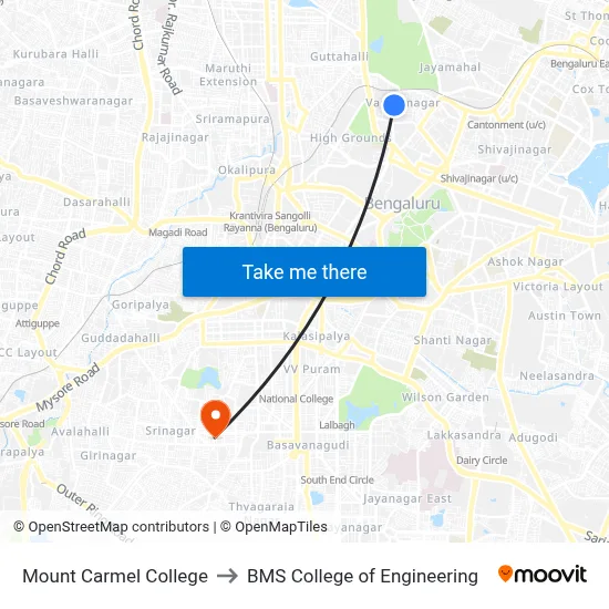 Mount Carmel College to BMS College of Engineering map
