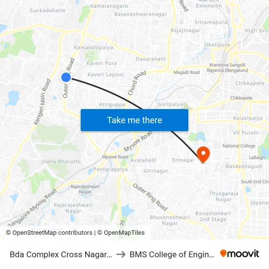 Bda Complex Cross Nagarabhavi to BMS College of Engineering map