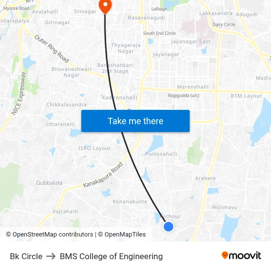 Bk Circle to BMS College of Engineering map