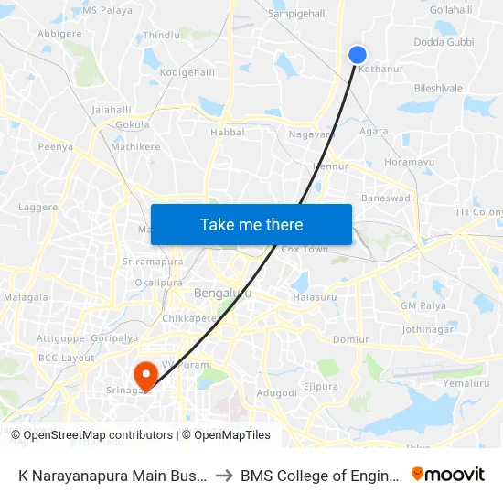 K Narayanapura Main Bus Stand to BMS College of Engineering map