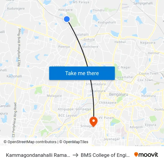 Kammagondanahalli Rama Temple to BMS College of Engineering map