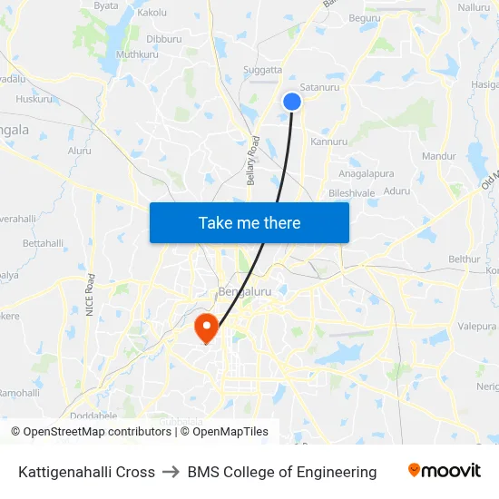 Kattigenahalli Cross to BMS College of Engineering map