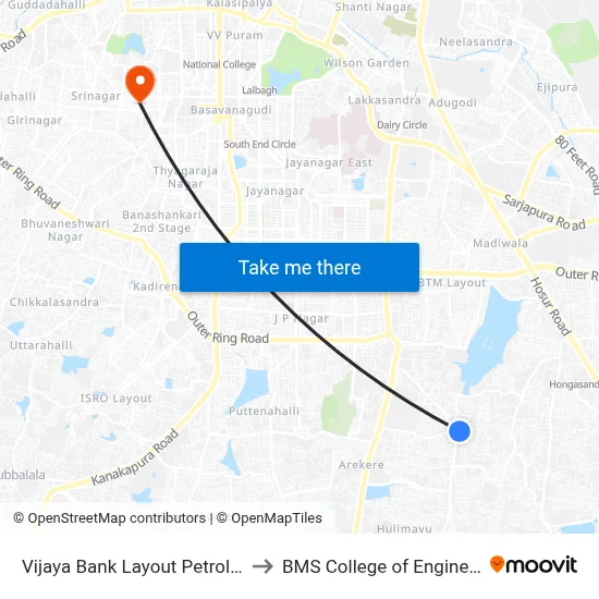 Vijaya Bank Layout Petrol Bunk to BMS College of Engineering map