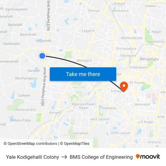 Yale Kodigehalli Colony to BMS College of Engineering map