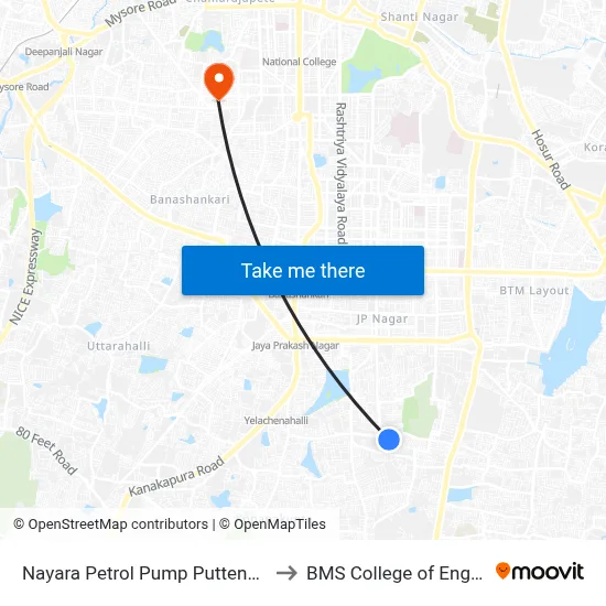 Nayara Petrol Pump Puttenahalli Lake to BMS College of Engineering map