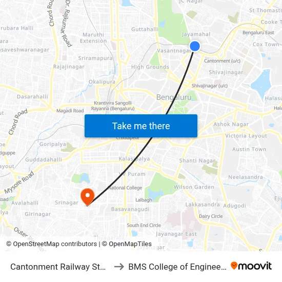Cantonment Railway Station to BMS College of Engineering map