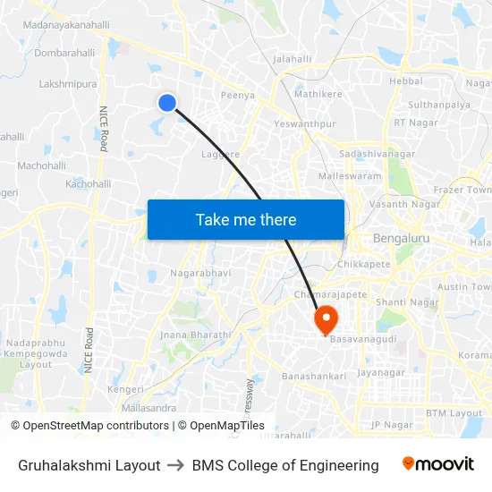 Gruhalakshmi Layout to BMS College of Engineering map