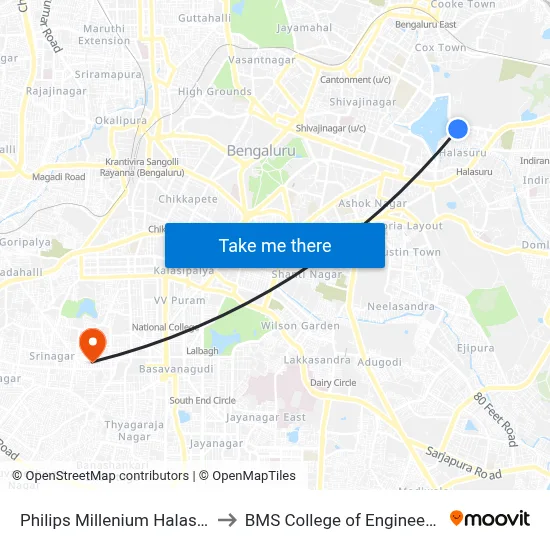 Philips Millenium Halasuru to BMS College of Engineering map