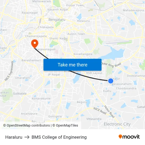 Haraluru to BMS College of Engineering map