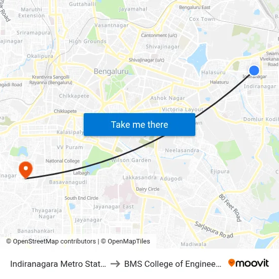 Indiranagara Metro Station to BMS College of Engineering map