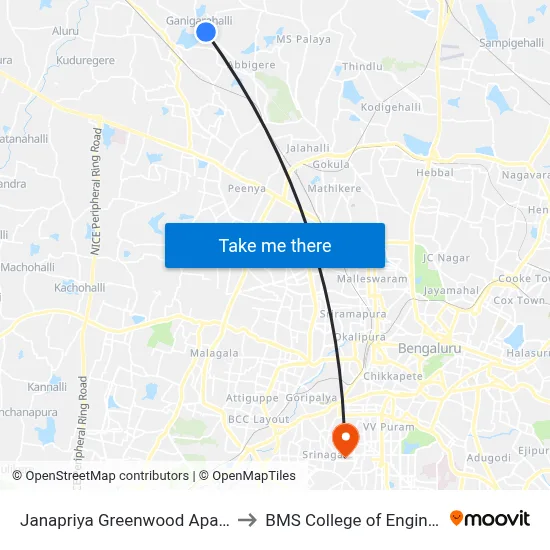 Janapriya Greenwood Apartment to BMS College of Engineering map