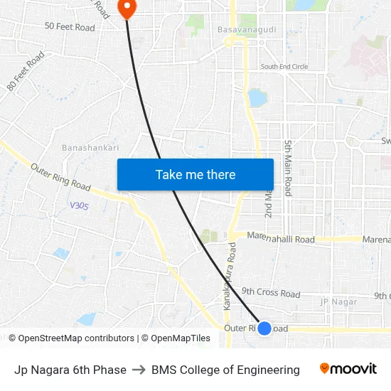 Jp Nagara 6th Phase to BMS College of Engineering map